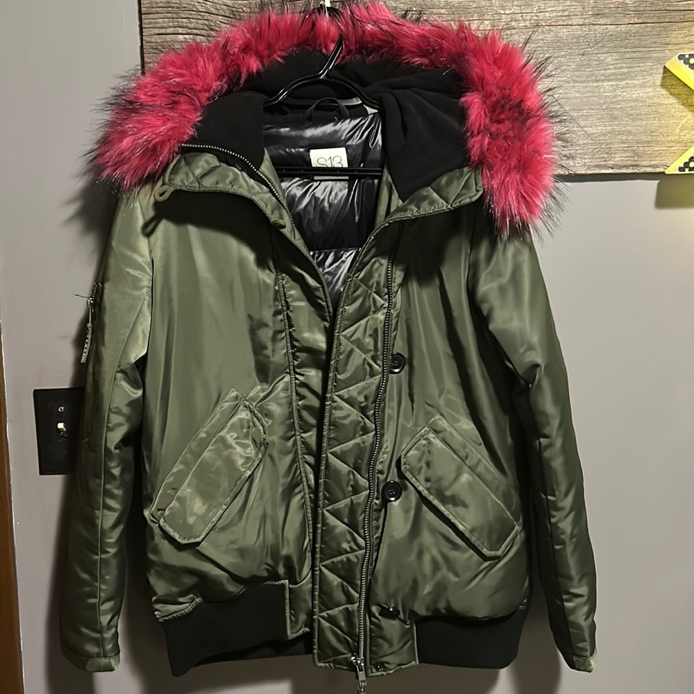 S13 New York army green pink faux fur collar puffer coat jacket